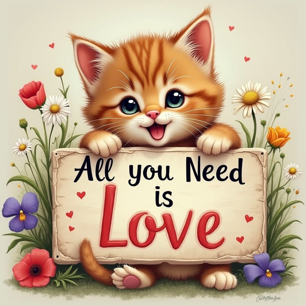 Kitten in Pajamas with Love Sign and Flowers