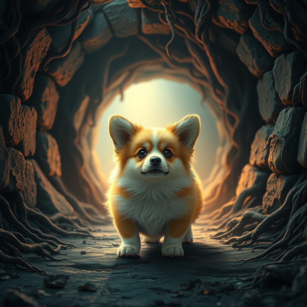 Corgi Illuminated in Ancient Tunnel