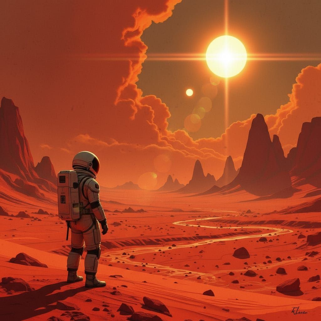Astronaut on Crimson Planet with Twin Suns