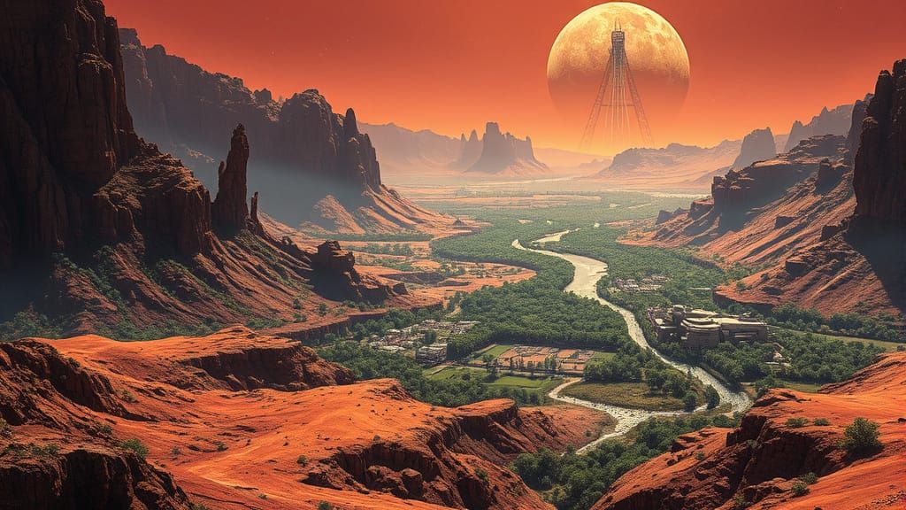 Surreal Futuristic Mars Transformed into a Thriving Earth-Li...