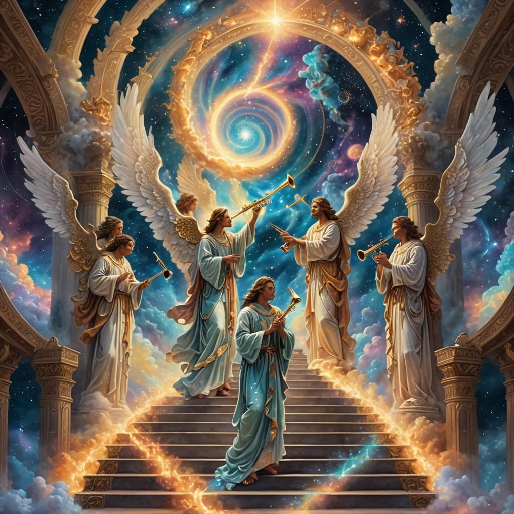 Angels Ascending Cosmic Stairway in Visionary Art