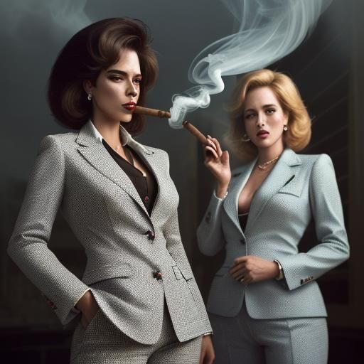 Businesswomen in 80s Pantsuits Smoking Cigars