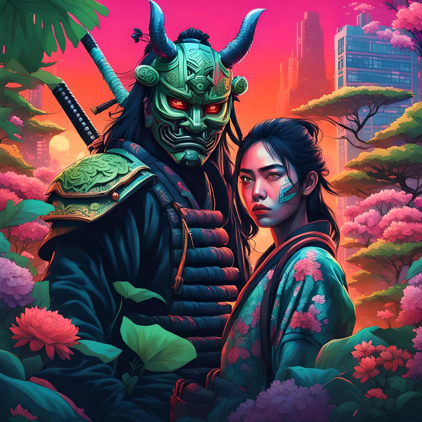 Samurai and Geisha in Post-Apocalyptic Cityscape