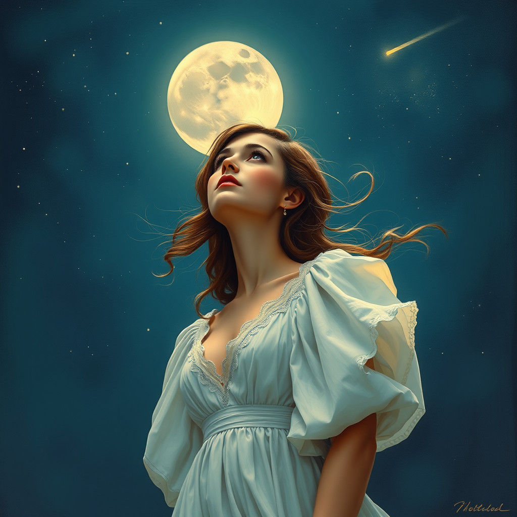 Woman Gazing at Starry Sky in Oil Painting Style