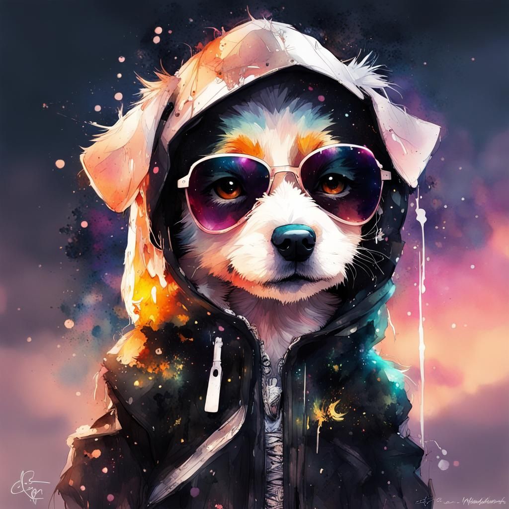 Cute Chibi Puppy in Space Watercolor Art