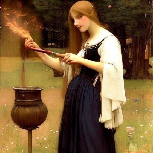 Pretty Witch Stirring Cauldron with Magic Wand