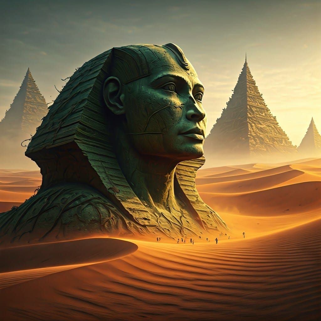 Colossal Green Sphinx in Orange Desert Landscape