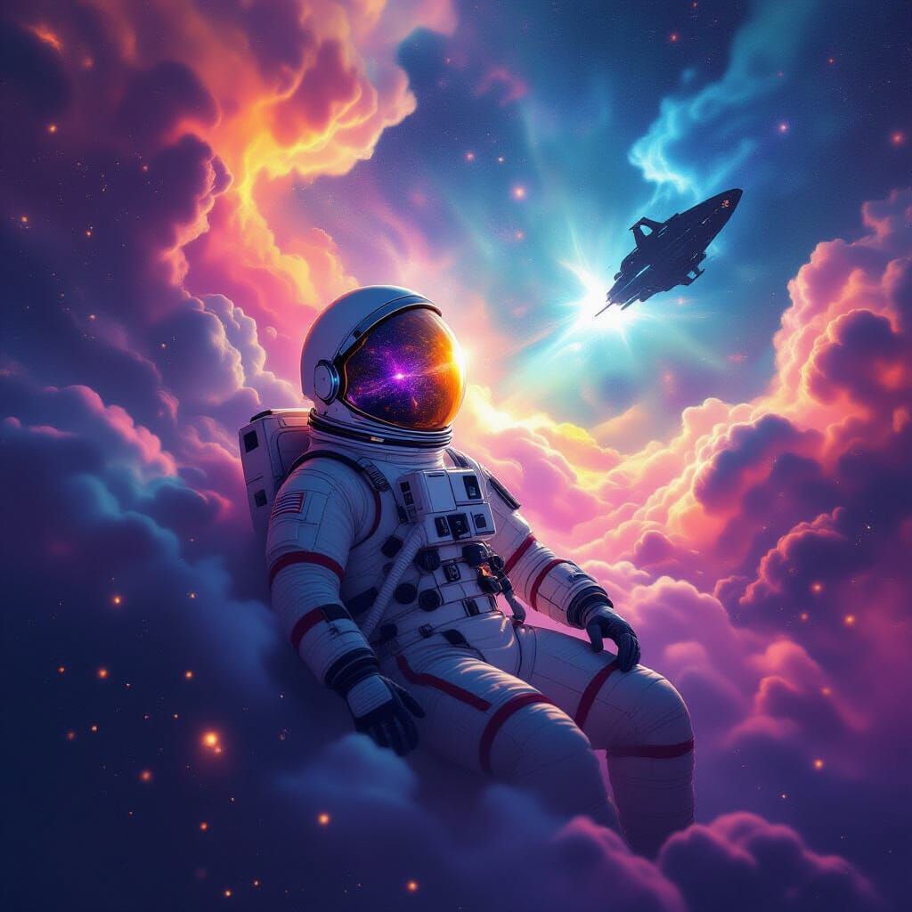 Astronaut Adrift in Nebula Reflecting Cosmic Stardust