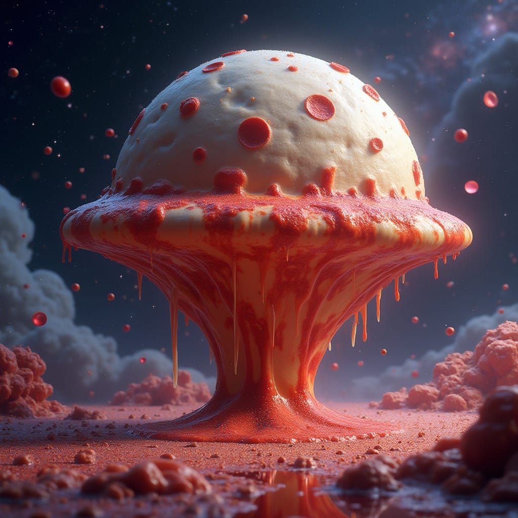 Gigantic Melted Mozzarella Cheese Planet Under Cosmic Sauce...