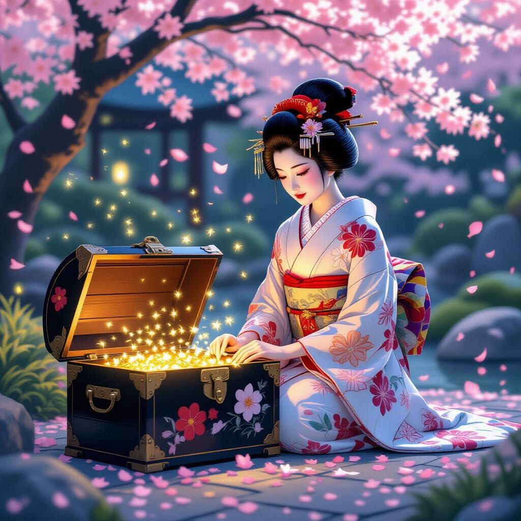 Geisha and Fireflies in Japanese Garden