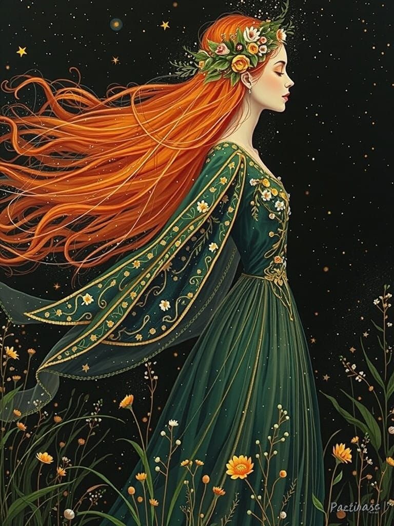 Ethereal Female Figure Against Starry Night Sky in Vibrant F...