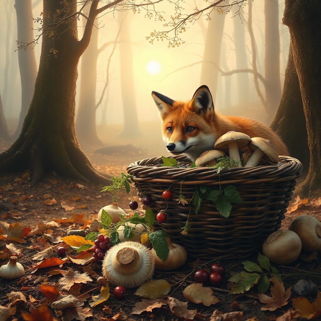 Red Fox With Autumn Harvest Basket in Golden Dawn Forest