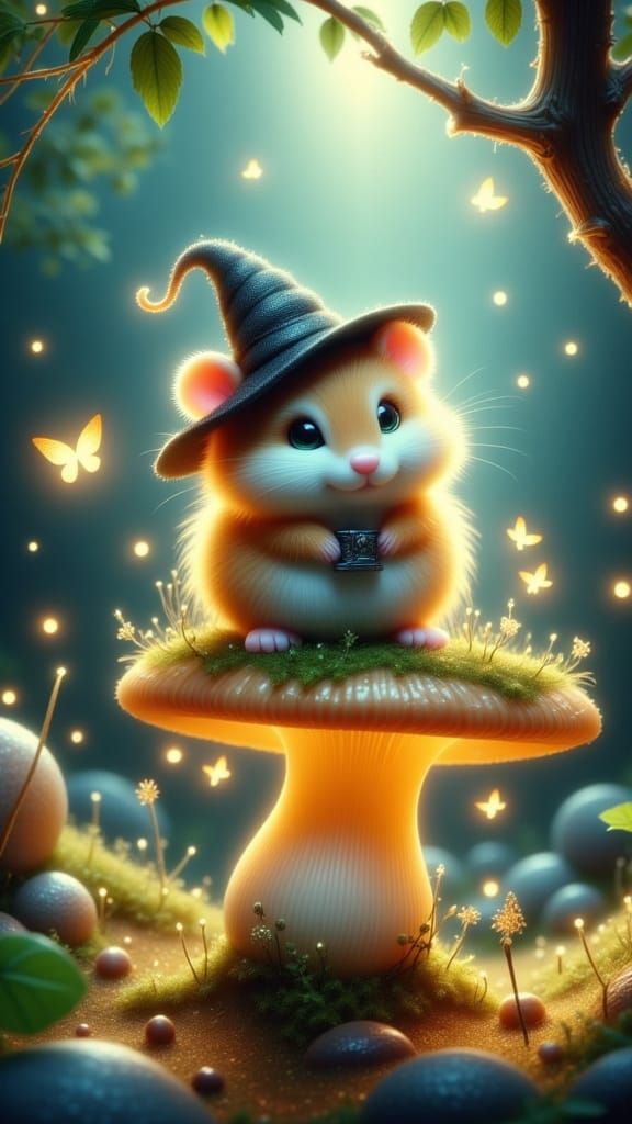 Hamster Wizard on Mushroom in Watercolor Forest