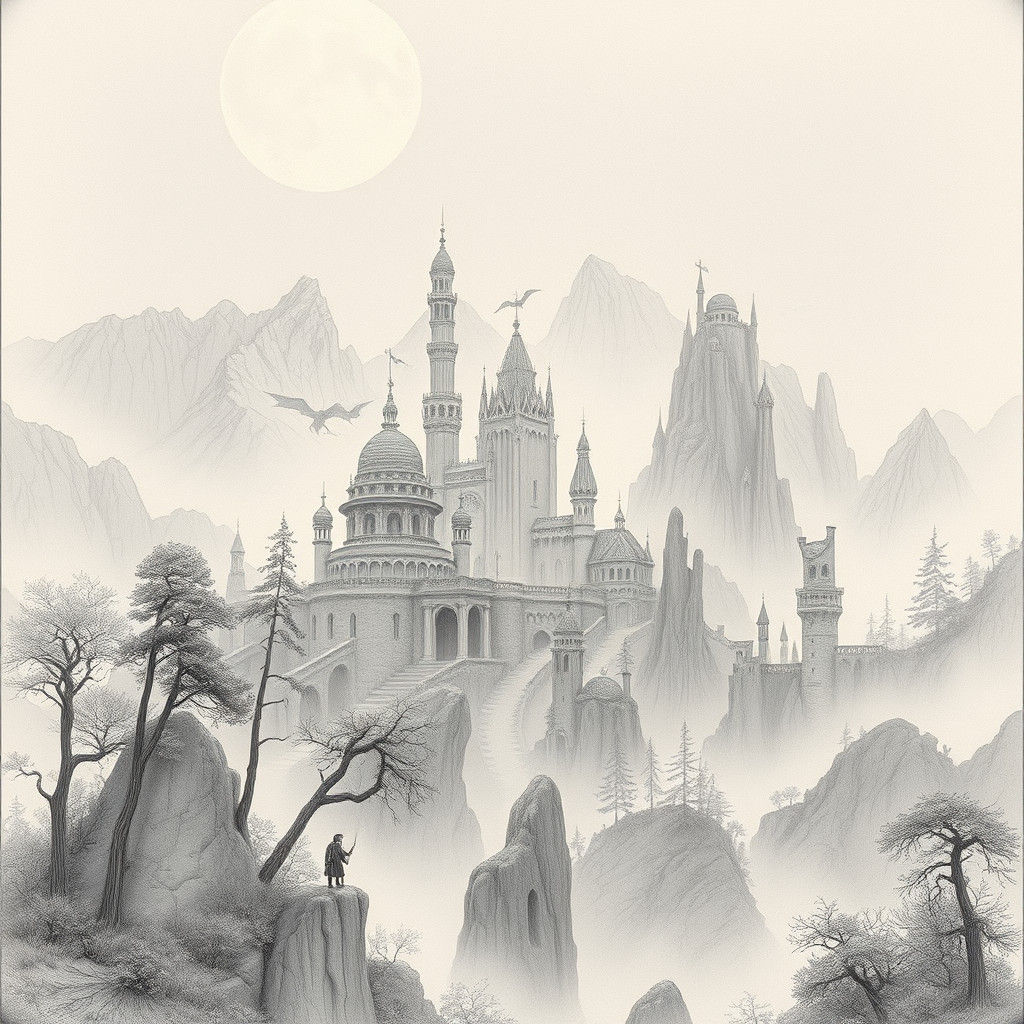 Mystical Realm: Pencil Sketch Fantasy Landscape