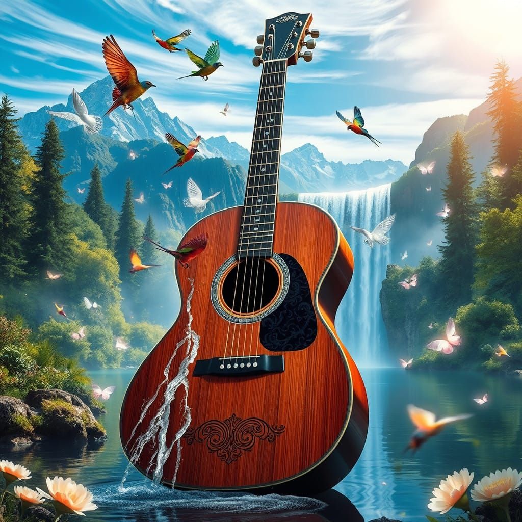 Surreal Guitar Sanctuary in Dreamlike Landscape