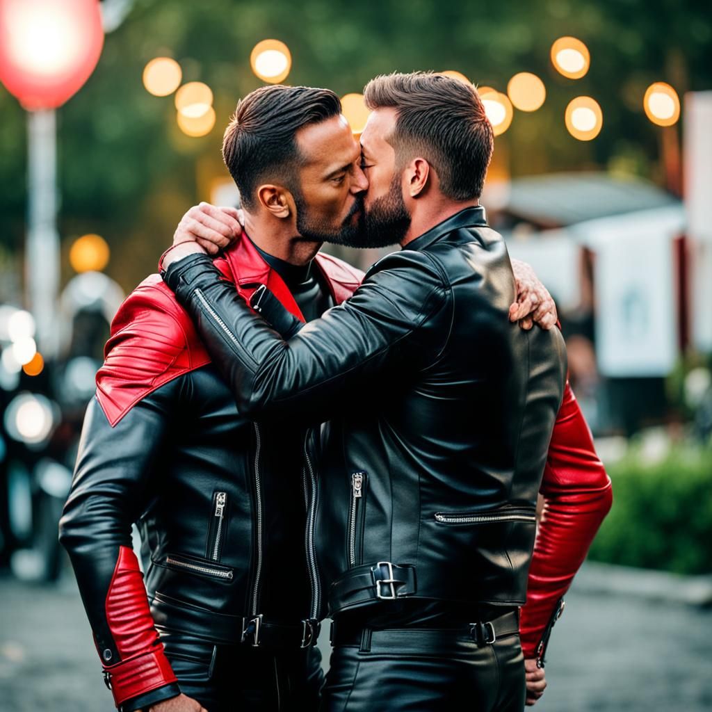 Gay Bikers Kissing in Leather Suits: Professional Photo