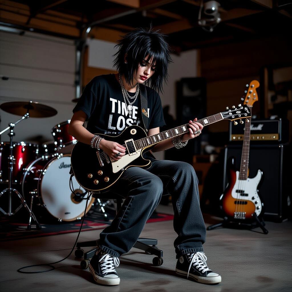Emo Guitarist in Garage: Photorealistic Portrait