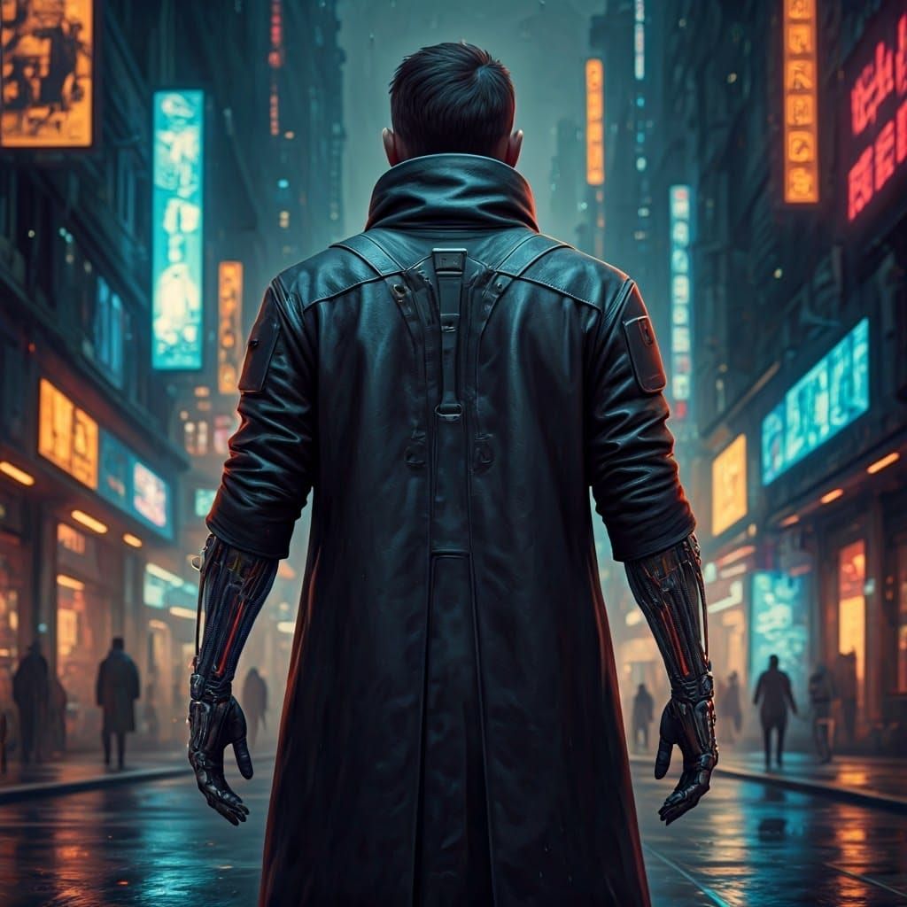 Cyberpunk Man in Dystopian Cityscape