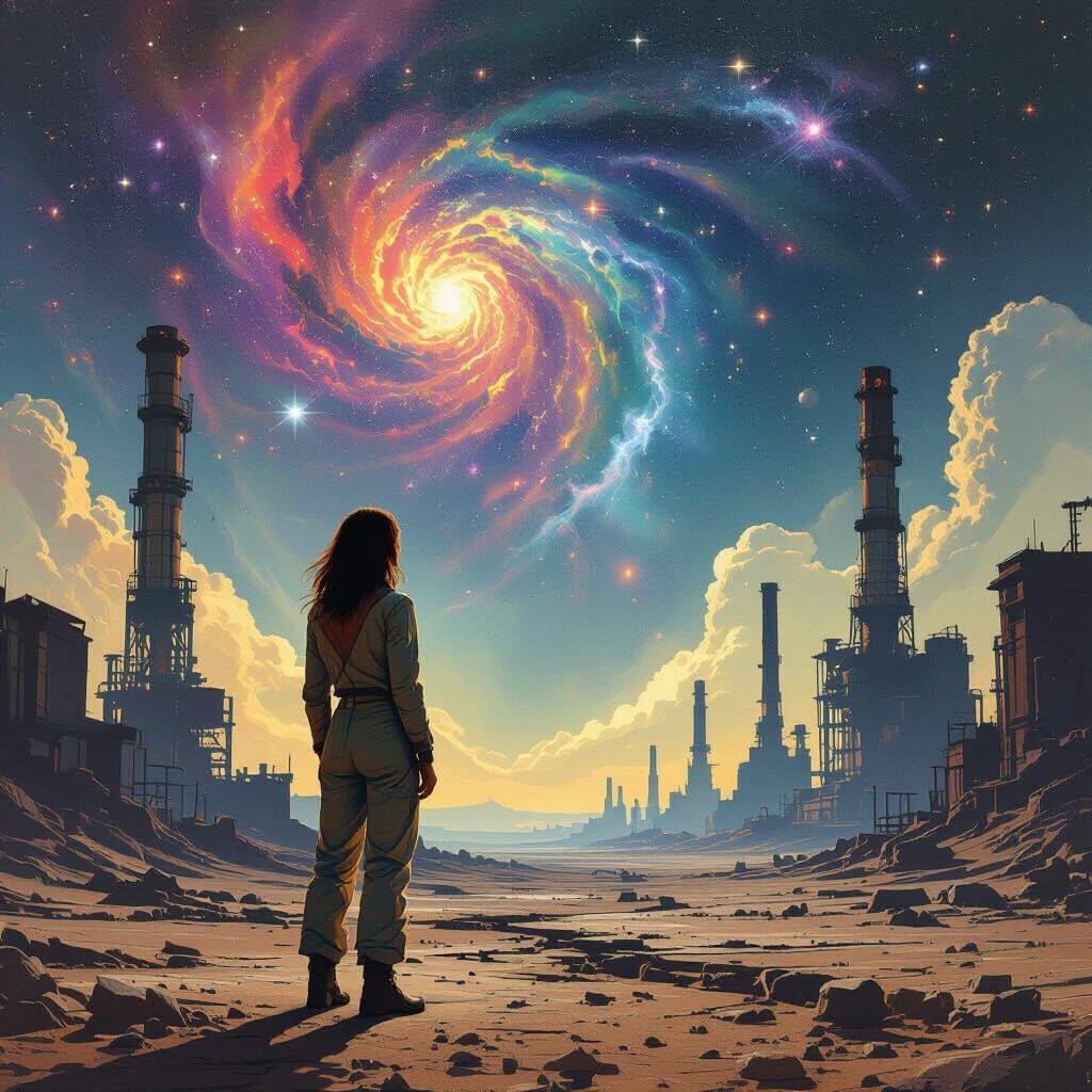 Woman Gazes at Cosmic Nebulae Above Industrial Wasteland