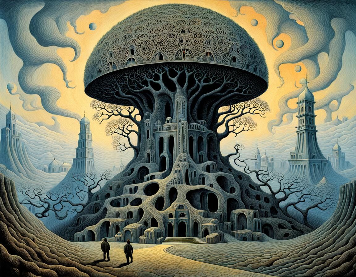 Surreal Architectural Tree at Sunset, Dreamlike Image