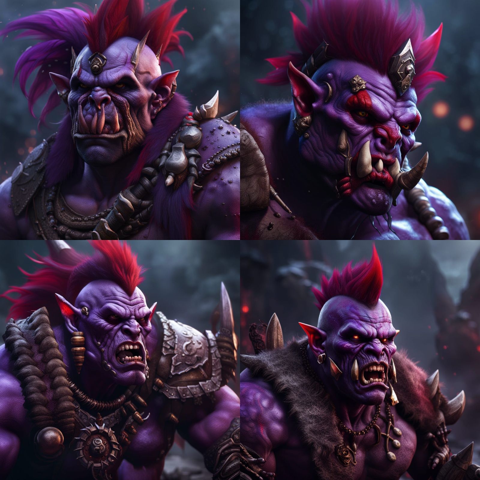Purple Orc Barbarian with Red Mohawk, Detailed Matte Paintin...