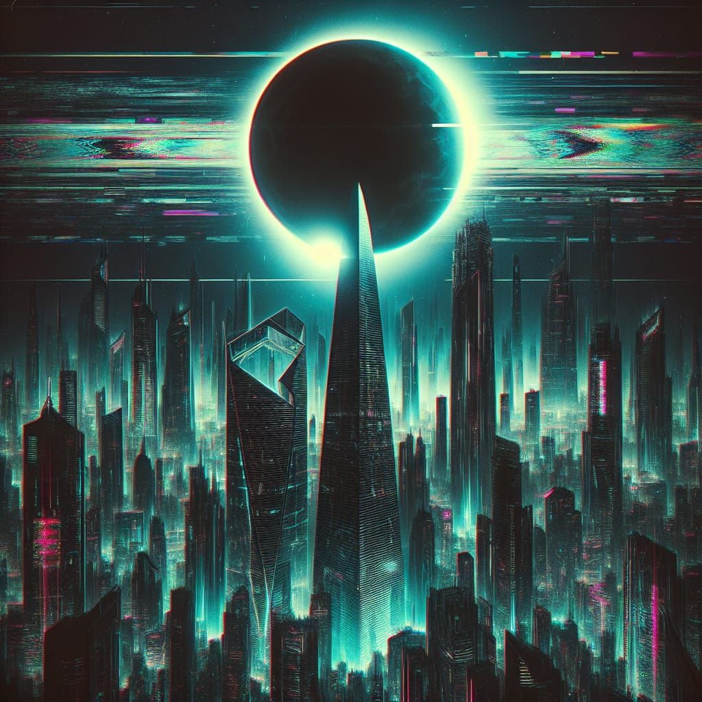 Cyberpunk Cityscape Under Ominous Black Moon Eclipse