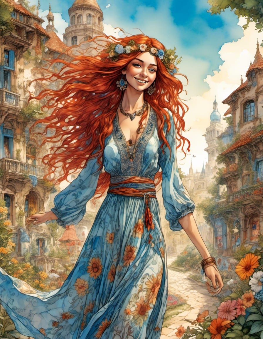 Happy Hippy Girl in Floral Animation