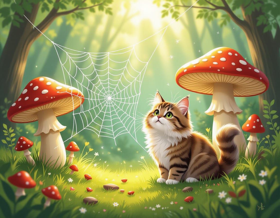 Fluffy Cat Caught in Spiderweb Net Near Mushrooms