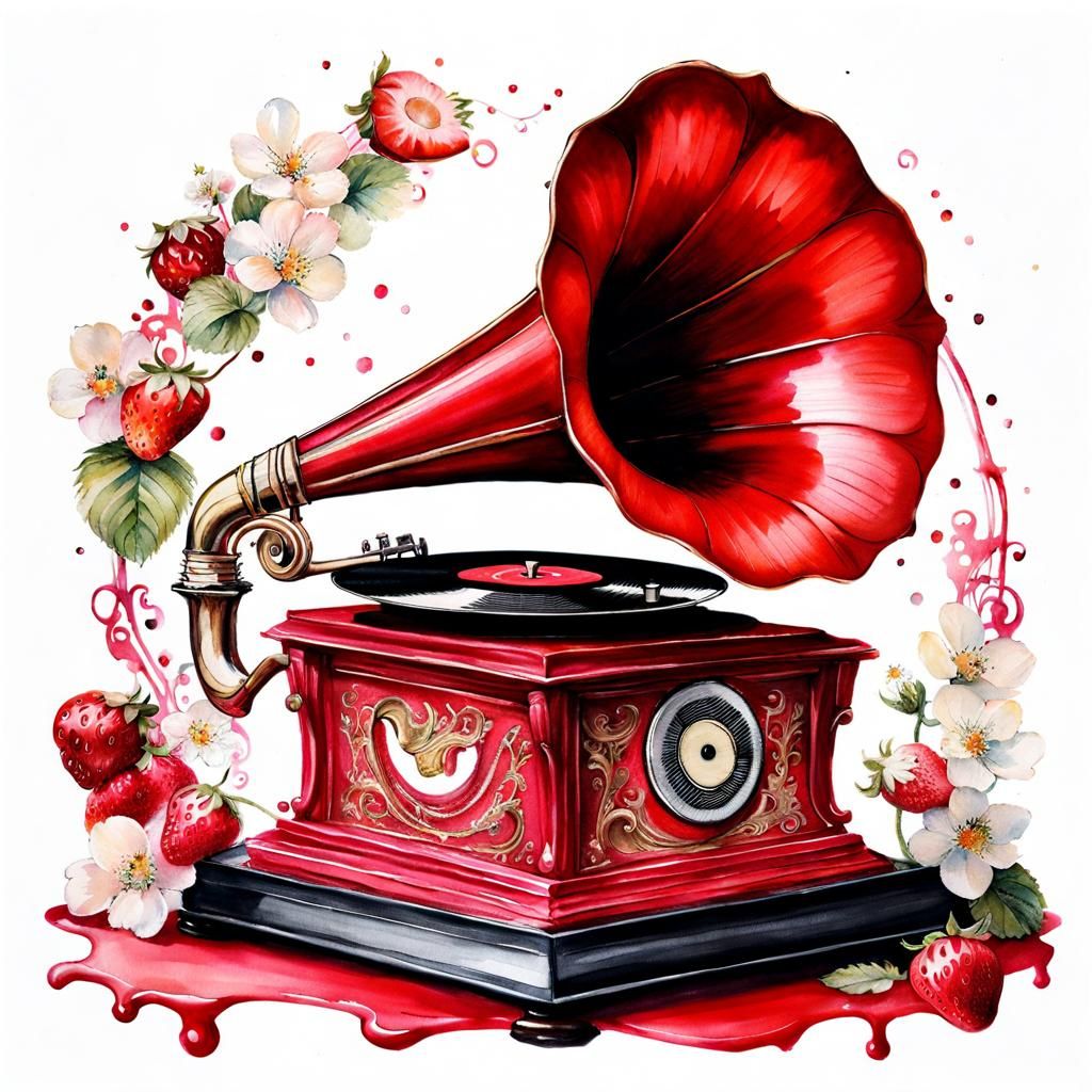 Strawberry Cake Gramophone in Watercolor Style