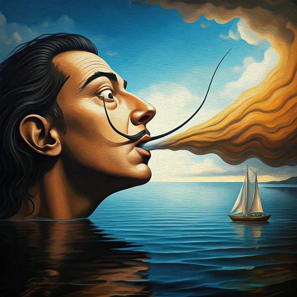 Surreal Face in Sky Blows Wind at Sailboat