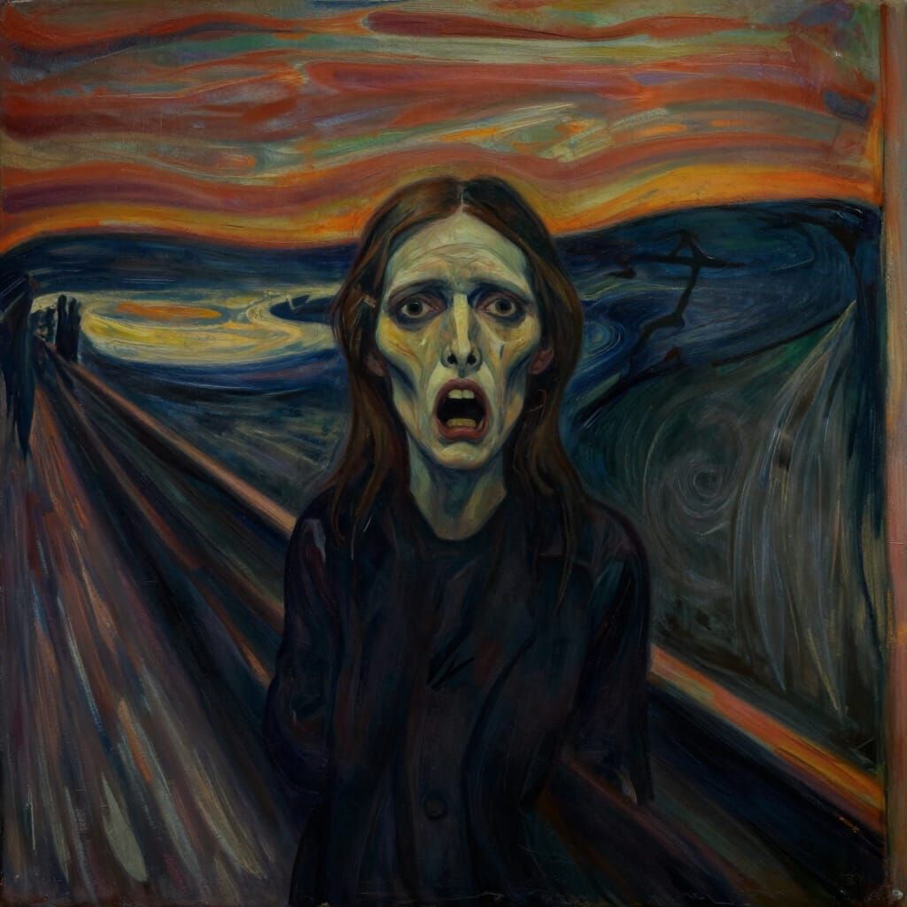 Psychological Horror: Terrified Figure in Shadowy Chaos