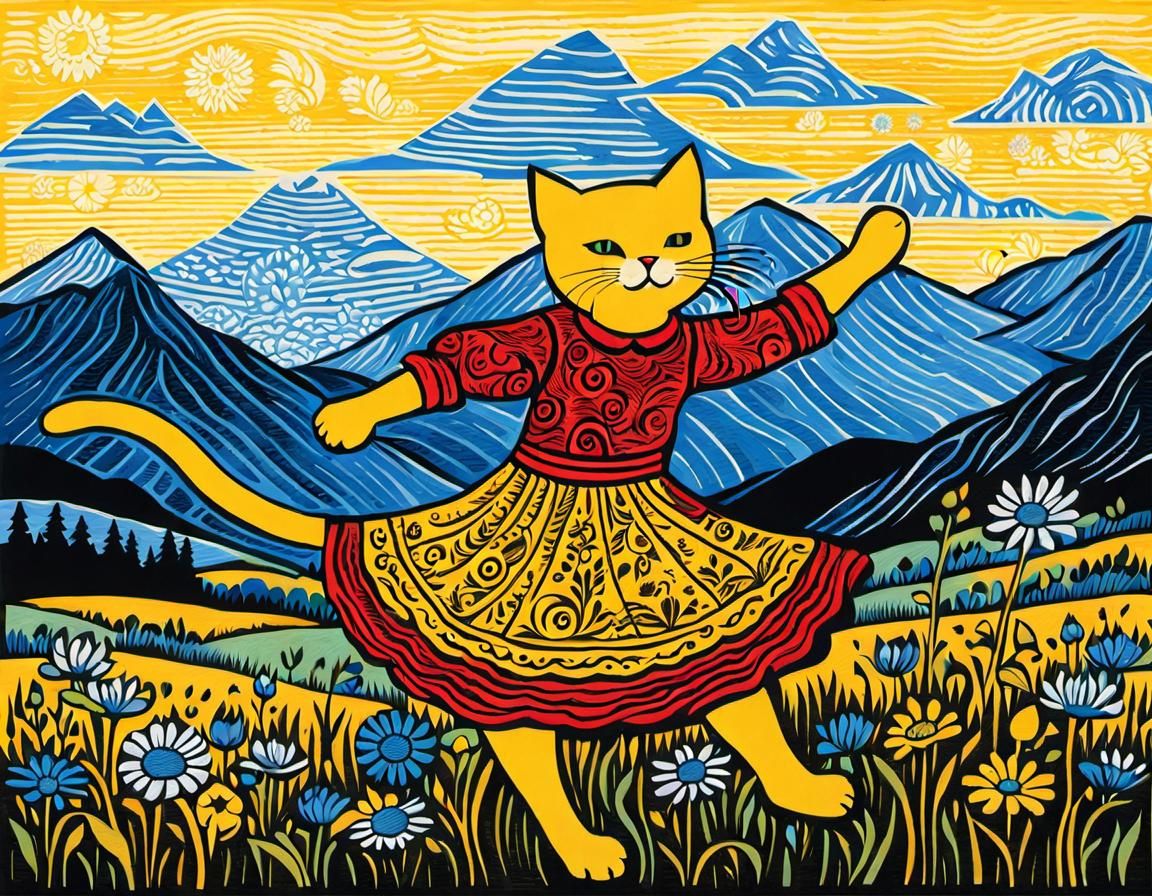 Woodcut Print of Dancing Kitten and Woman