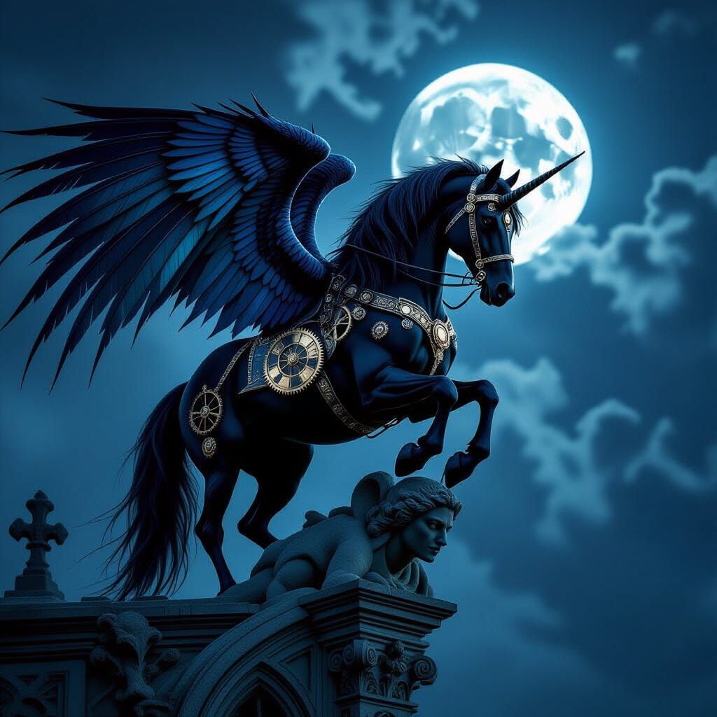 Gothic Clockwork Horse on Gargoyle at Midnight