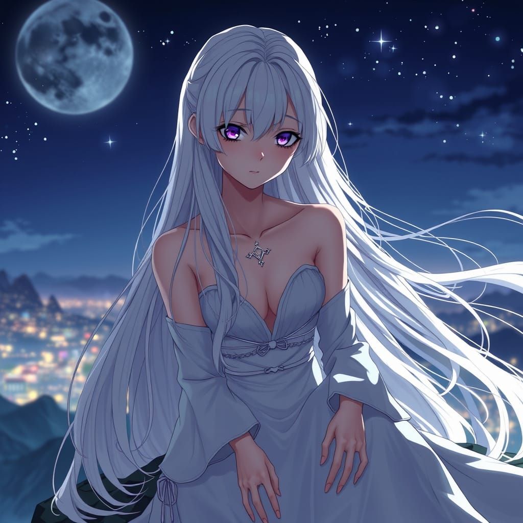 Anime Woman with White Hair on Mountain Top