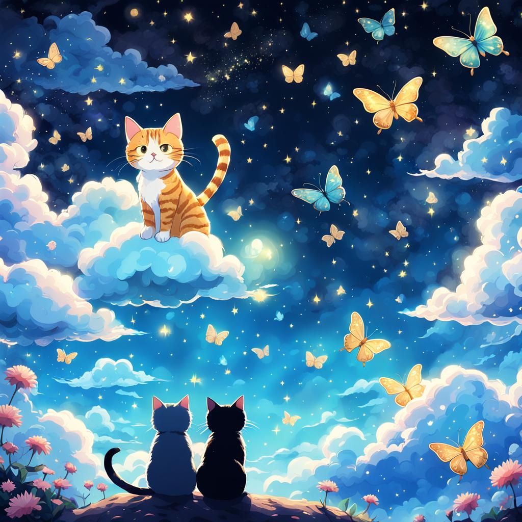 Cats Playing on Glittery Clouds at Starry Night