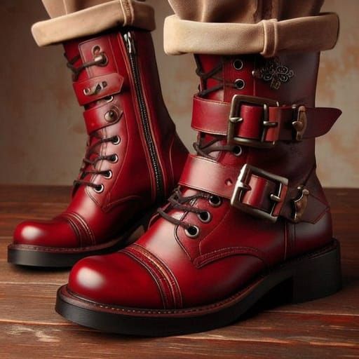 Sensational Red Leather Boots with Golden Accents in Hyper-R...