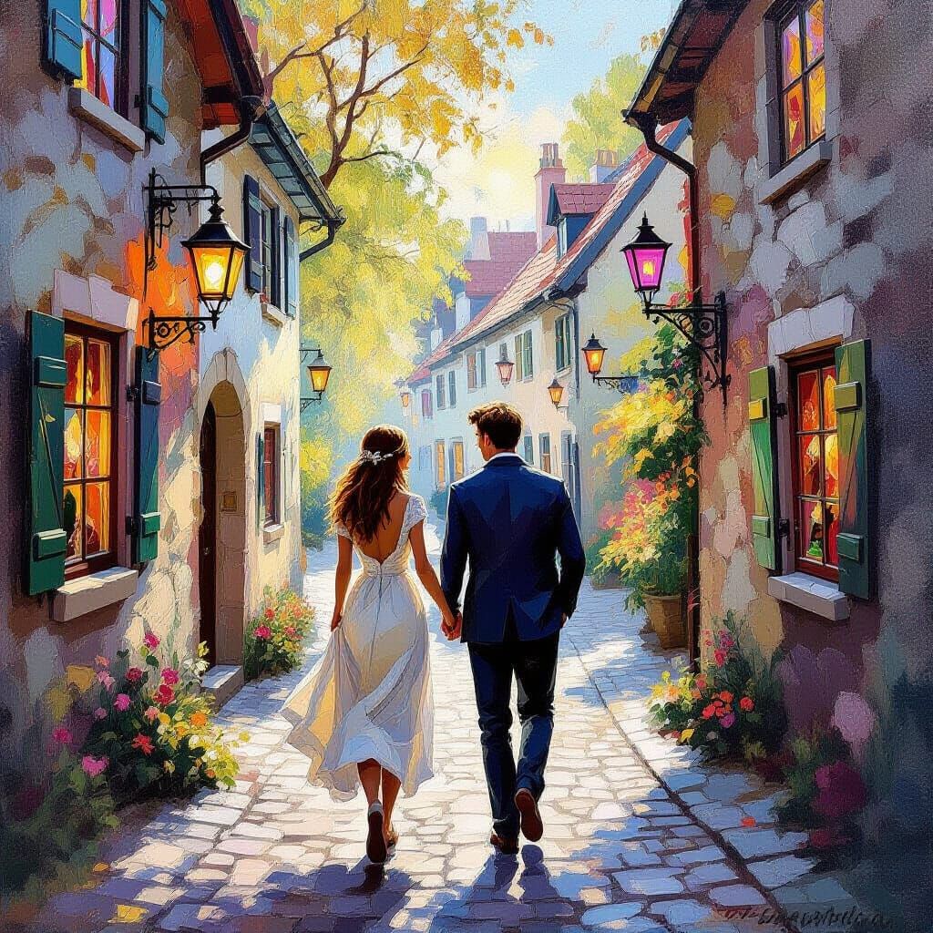 Couple in Sunlit Forest Alleyway, Gouache Style