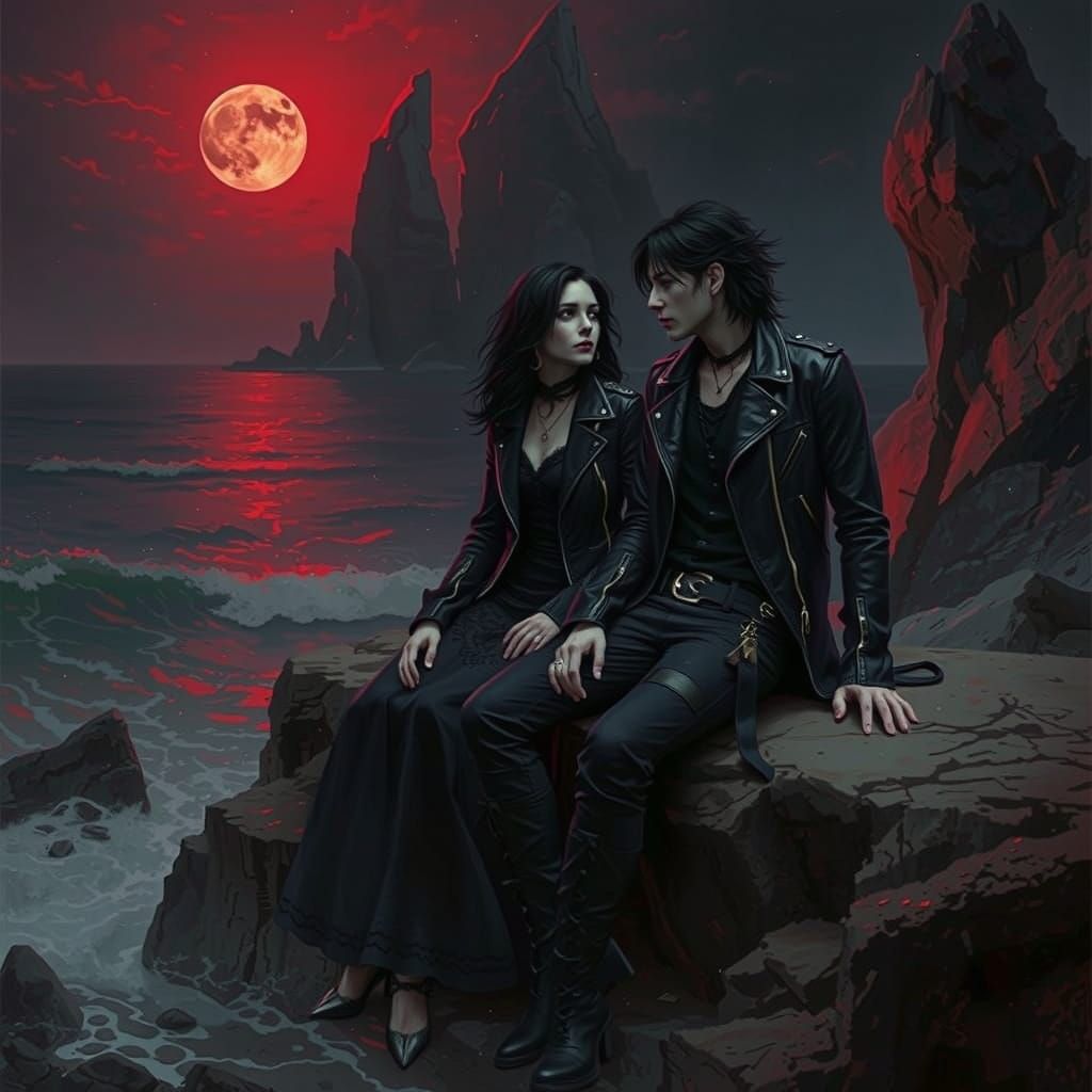 Gothic Couple on Beach Under Red Moonlight