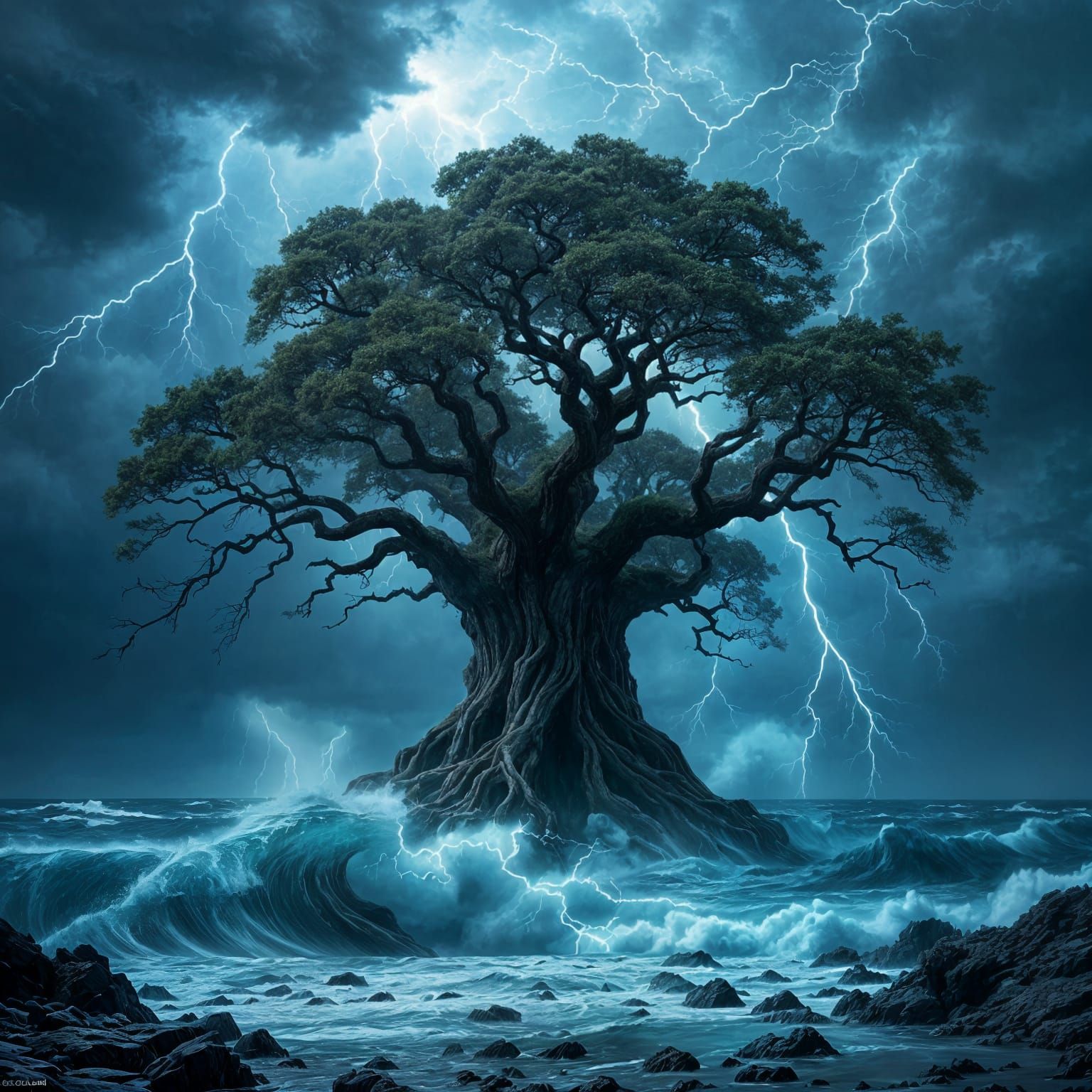 Ancient Tree Against Stormy Ocean Matte Painting