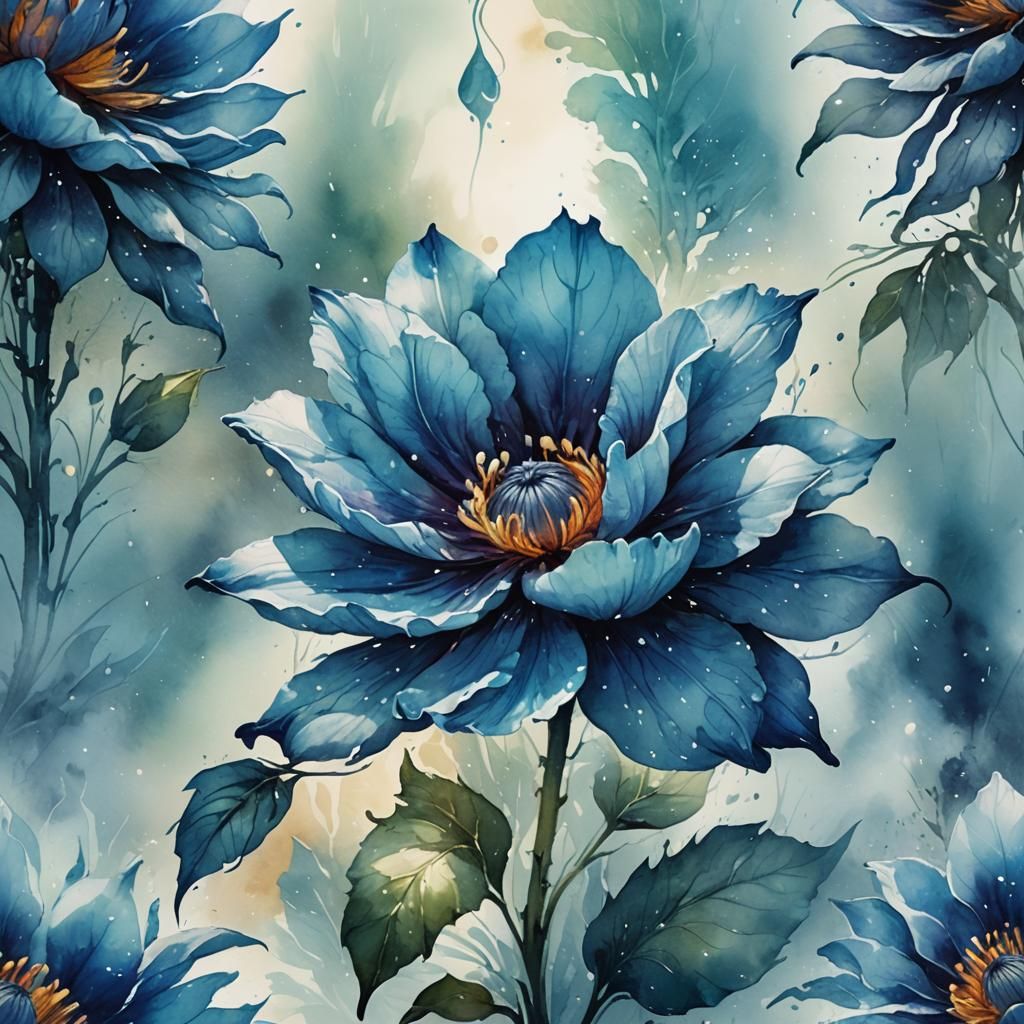 Mystical Blue Flower in Watercolor Concept Art