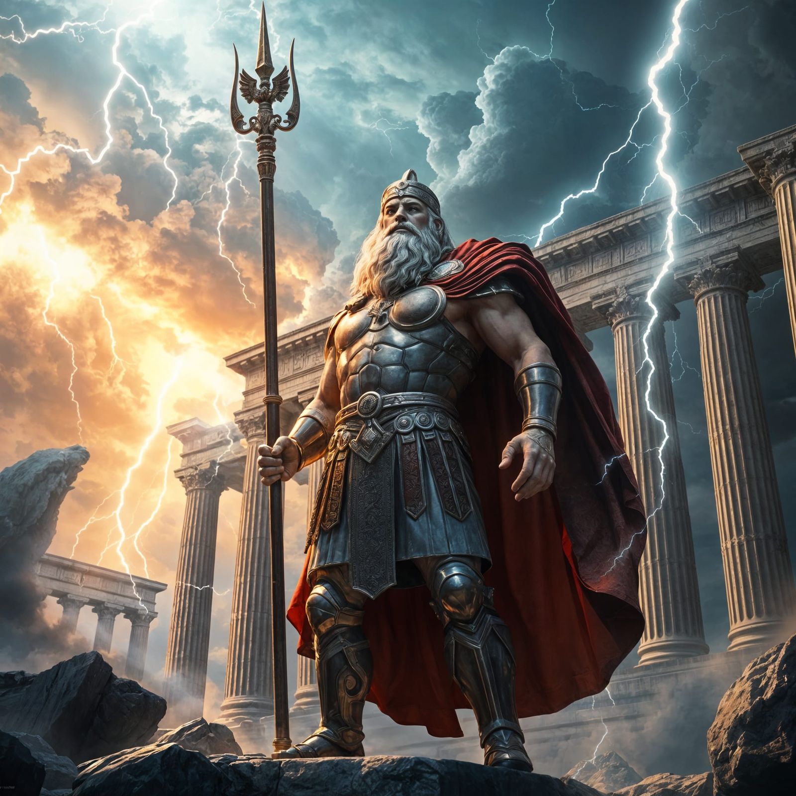 Zeus in Roman Temple with Lightning Storm