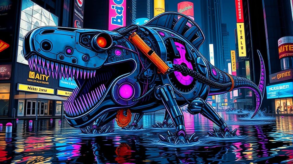 Cyberpunk Megalodon Patrols Neon City Streets