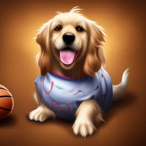 Cute and adorable cartoon golden retriever with hiphop clothing playing basketball, fantasy, dreamlike, surrealism, supe...