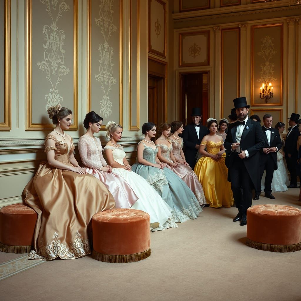 Elegant Women in Lavish Ball Gowns Sit Poised in a Grand Bal...