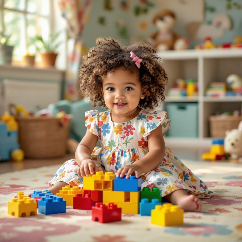 Toddler Girl Playing with Duplo Blocks in Whimsical Style
