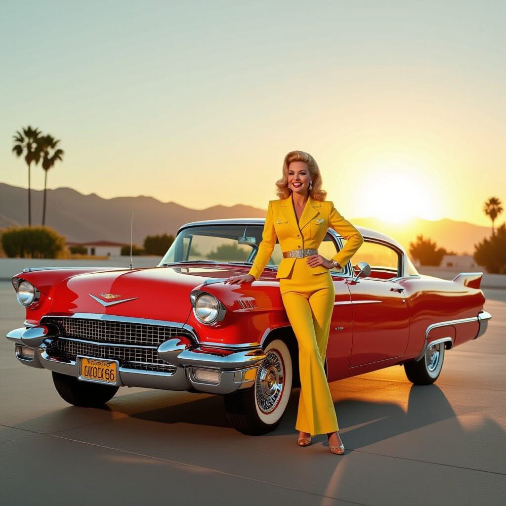 Dinah Shore Poses With Classic 1959 Cadillac at Sunset