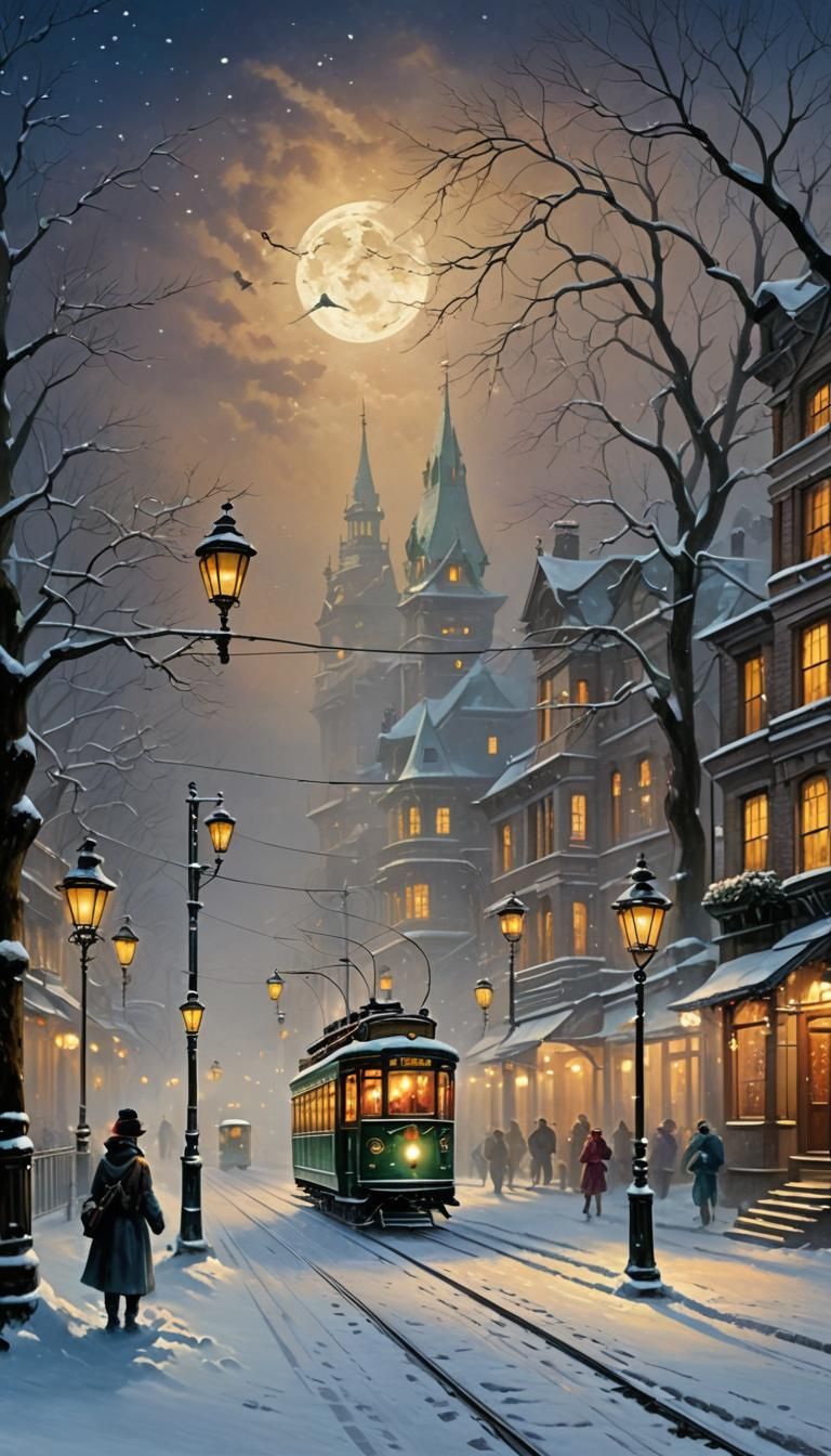 Night Street with Tram in Thomas Kinkade Style