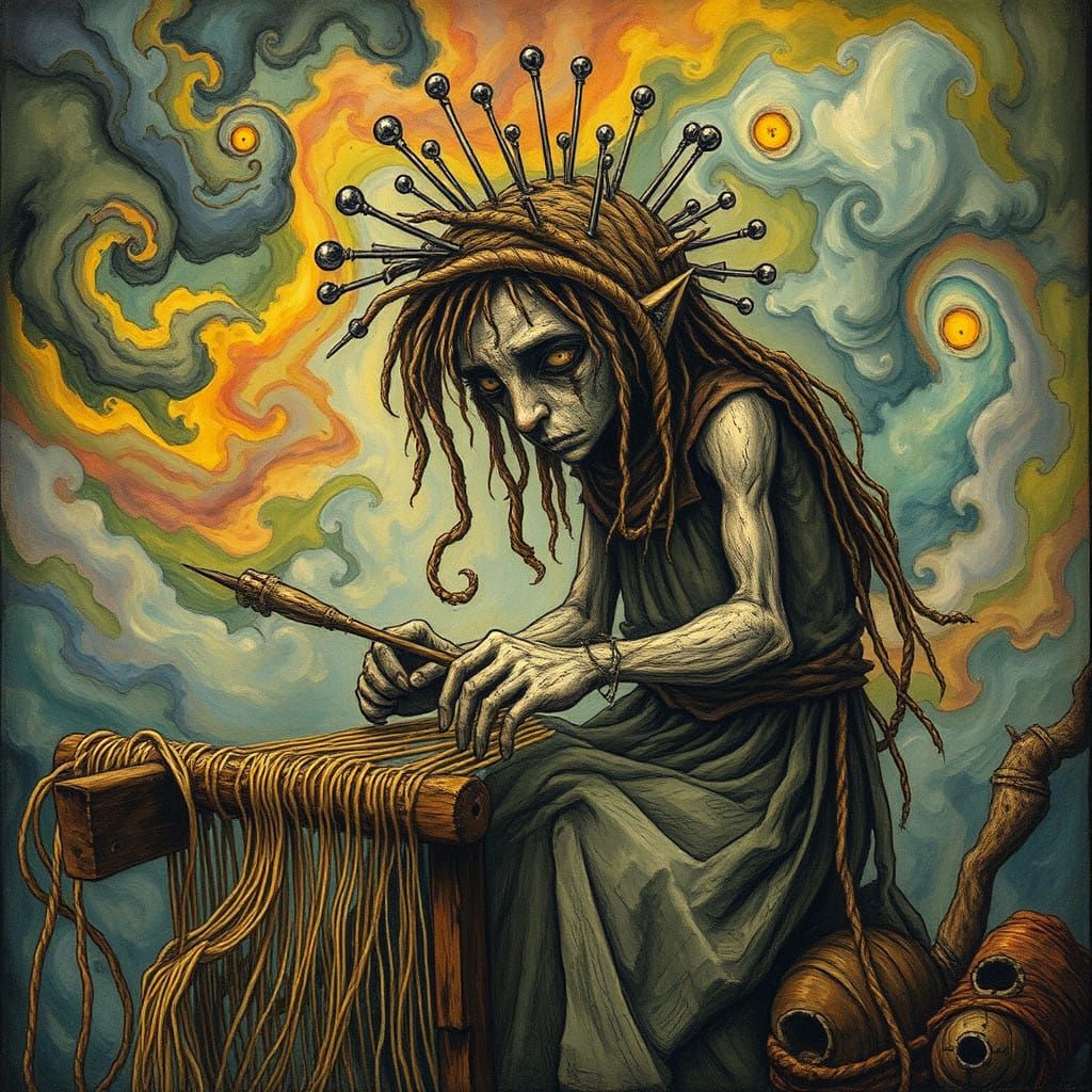 Whimsical Dream Weaver in Moody, Ink-Heavy Style