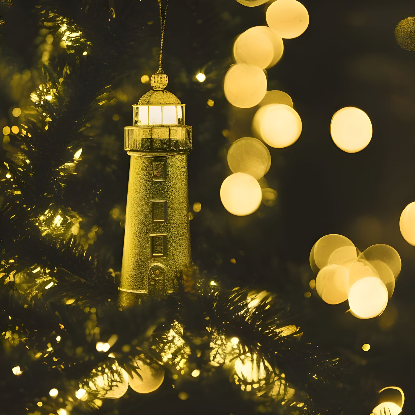Gold Lighthouse Ornament on Christmas Tree