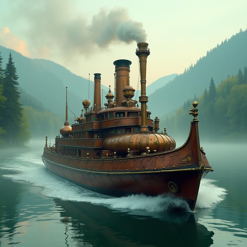 Steampunk Boat on Misty Lake at Sunset